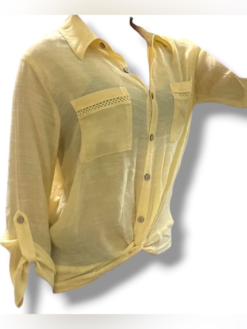 BCX Light Yellow Twist Front Hem Button-Up Collared Lightweight Sheer Shirt S